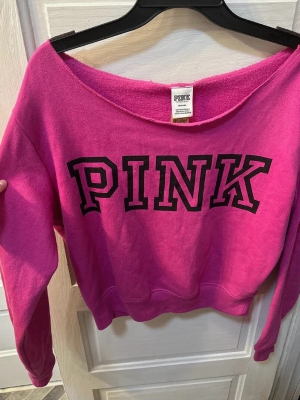 PINK Victoria's Secret Hot Pink Off-Shoulder Logo Sweatshirt